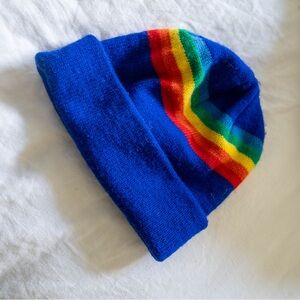 Vintage Blue Knit Beanie with Rainbow Stripe